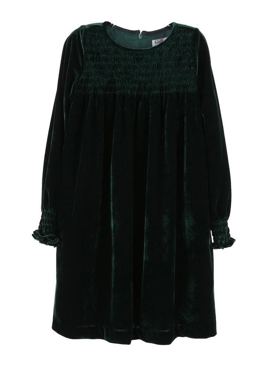 Luli & Me Gabby Girls Smocked Velvet Holiday Dress - Emerald Green