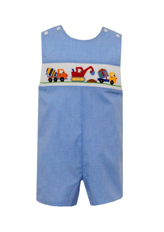 Anavini Velani Boys Periwinkle Blue Check Jon Jon - Smocked Construction Trucks by Anavini