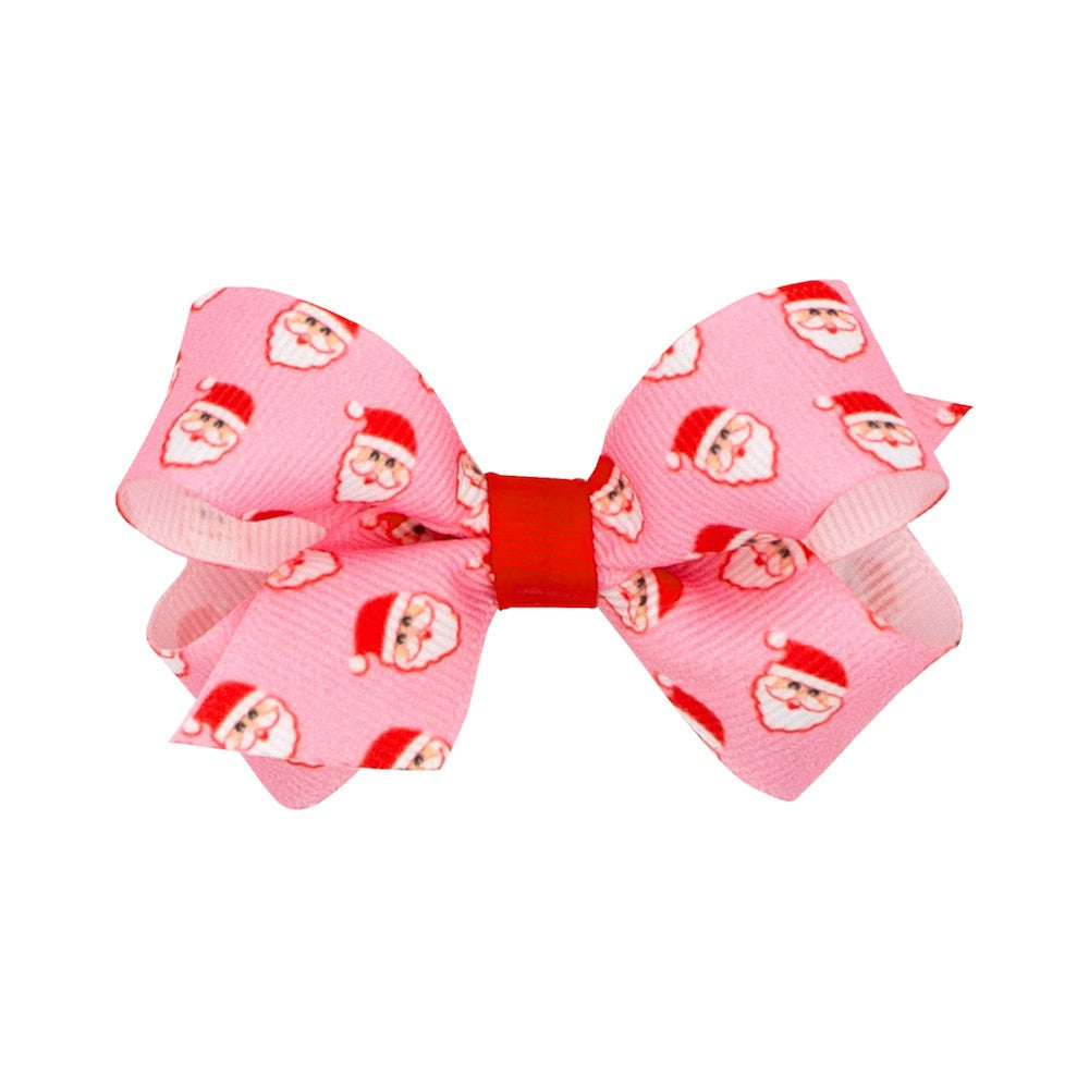 Wee Ones Girls Christmas Hair Bow - Santa Claus Print on Pink