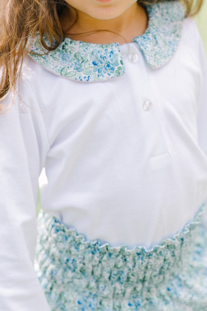 Proper Peony Pima Girls White Shirt - Blue Aster Floral Collar