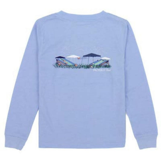Properly Tied Tee Shirt - Logo Pocket - Back Graphic - Long Sleeves - Football Tailgate Cornhole on Light Blue