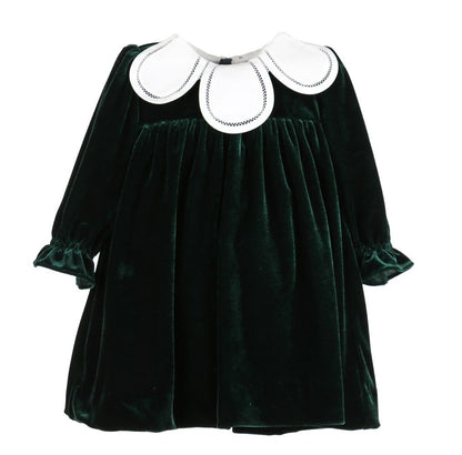 Sophie & Lucas Girls Velvet Christmas Dress with White Petal Collar - Emerald Green
