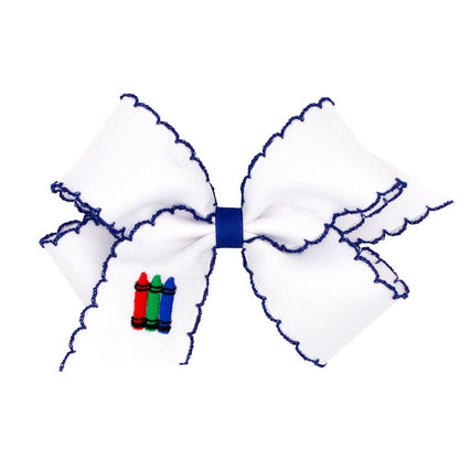 Wee Ones Girls Hair Bow - Embroidery Crayons - White with Navy Blue Moonstitch