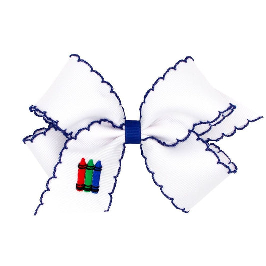 Wee Ones Girls Hair Bow - Embroidery Crayons - White with Navy Blue Moonstitch