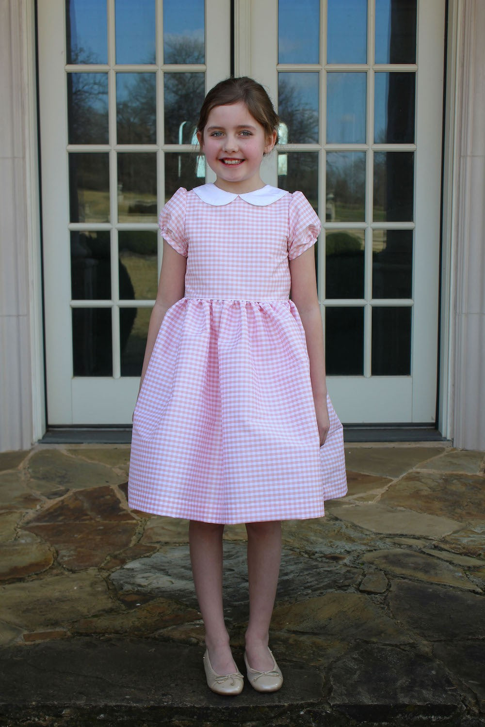 Susanne Lively Girls Party Dress - Pink Checks with Collar & Sash