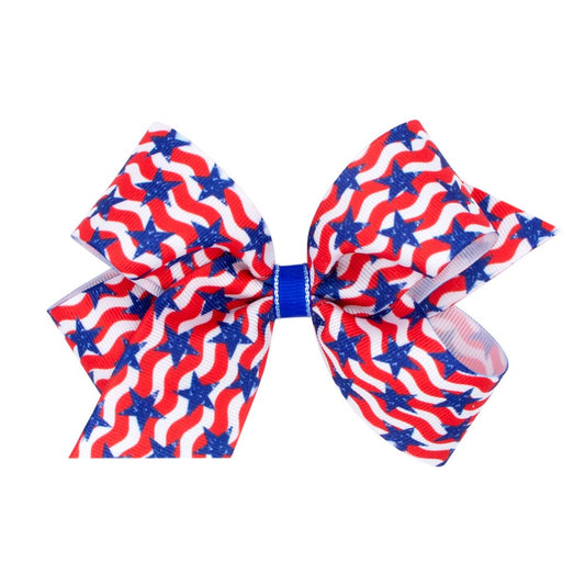 Wee Ones Girls Patriotic Hair Bow - Red Wavy Stripes & Blue Stars