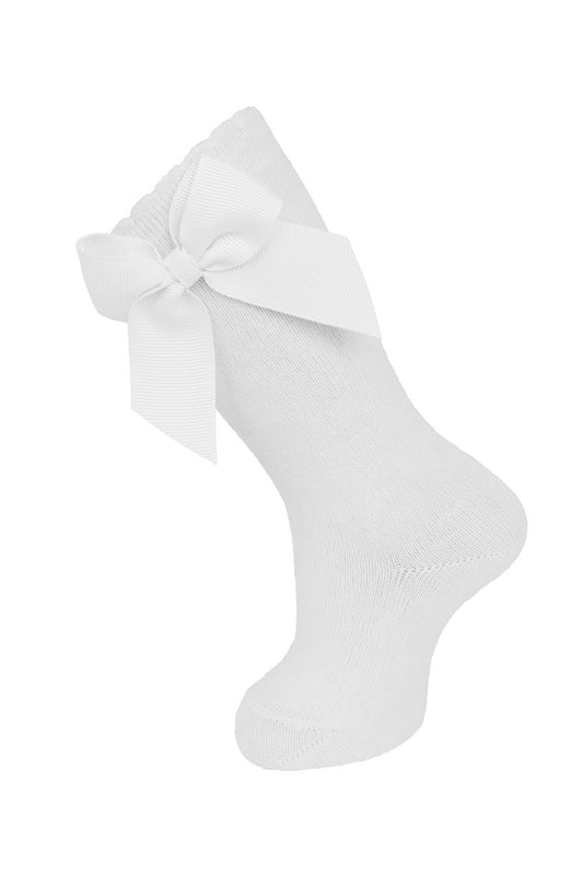 Carlomagno Socks - Girls Cotton Knee High Socks - Attached Grosgrain Bow - White
