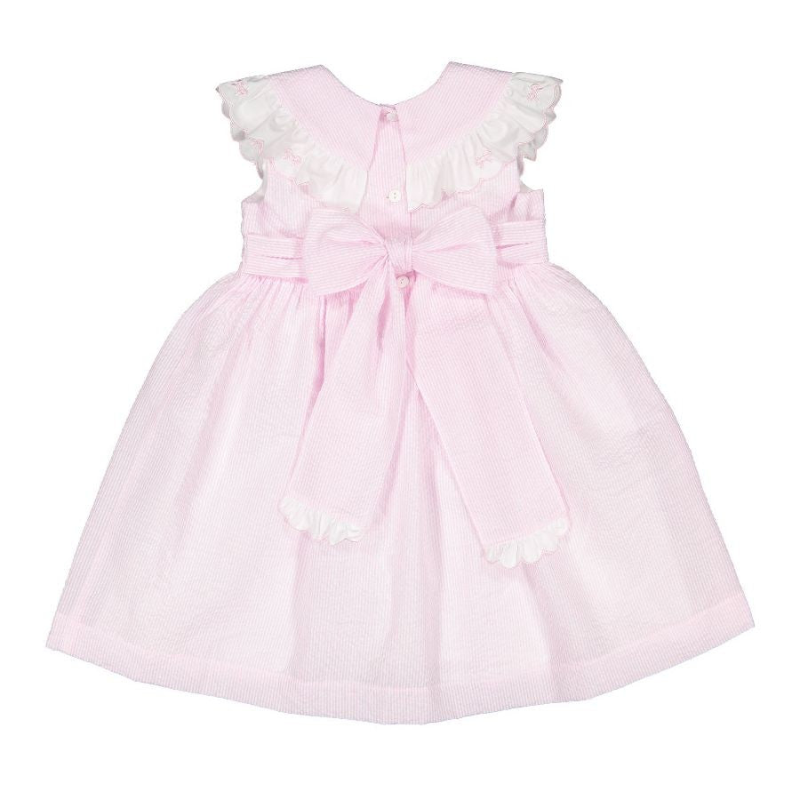 Sal & Pimenta Girls Pink Seersucker Dress - Scallop Collar with Embroidered Bows
