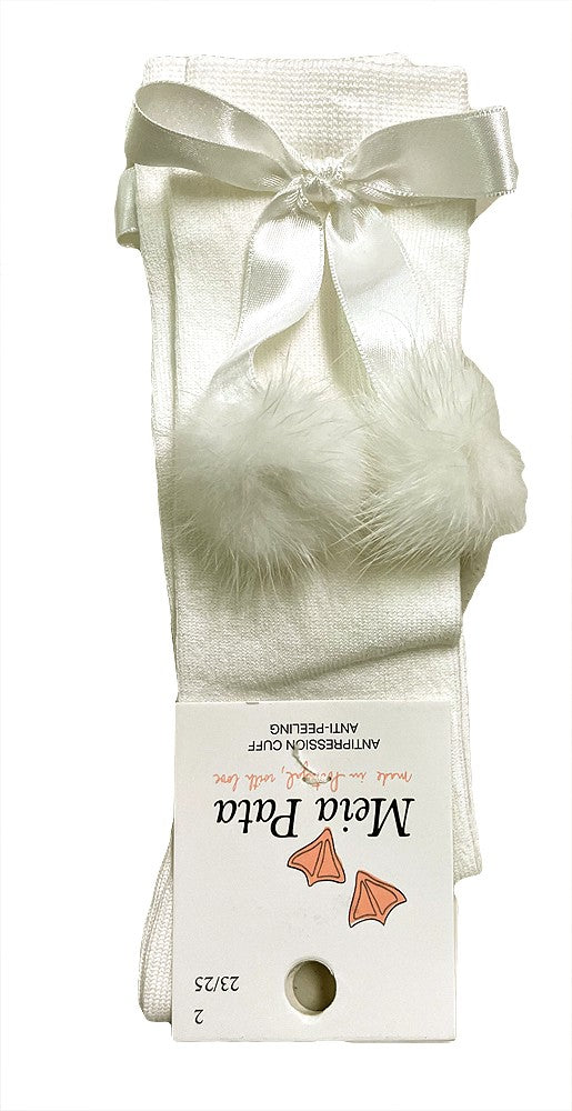 Meia Pata Girls Socks - Knee High - Satin Bow & Faux Fur Pom Poms - Ivory