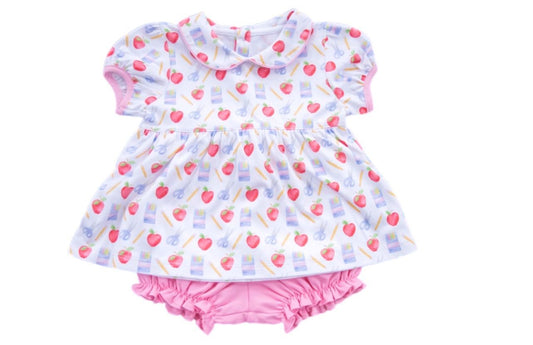 James & Lottie Girls Pink Back to School Sally Knit Bloomer Set
