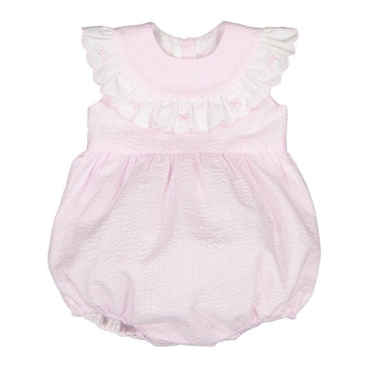 Sal & Pimenta Girls Pink Seersucker Bubble - Scallop Collar with Embroidered Bows