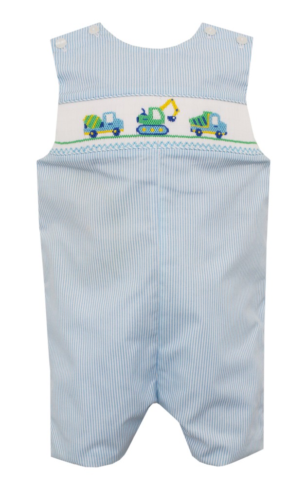 Petit Bebe Boys Light Blue Striped Jon Jon - Smocked Trucks