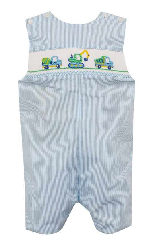 Petit Bebe Boys Light Blue Striped Jon Jon - Smocked Trucks