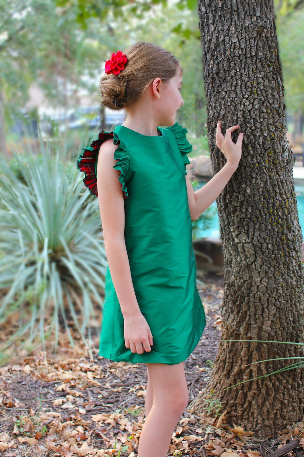 Susanne Lively Girls Green A-Line Dress - Flutter Sleeves Accented in Red Holiday Plaid Lining