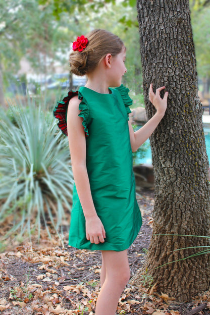 Susanne Lively Girls Green A-Line Dress - Flutter Sleeves Accented in Red Holiday Plaid Lining
