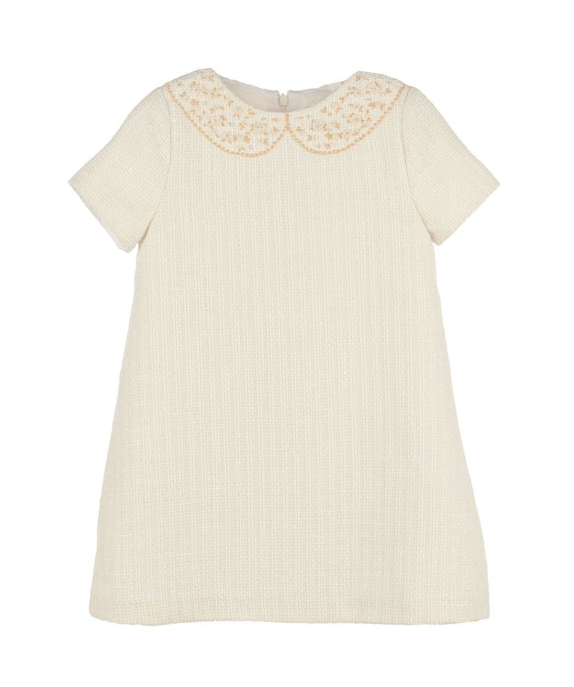 Luli & Me Girls Embroidery Collar Tweed A-Line Dress - Ivory