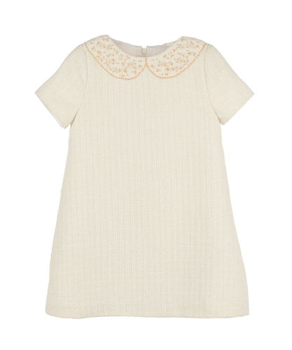 Luli & Me Girls Embroidery Collar Tweed A-Line Dress - Ivory
