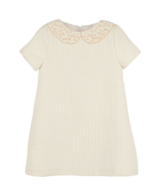 Luli & Me Girls Embroidery Collar Tweed A-Line Dress - Ivory