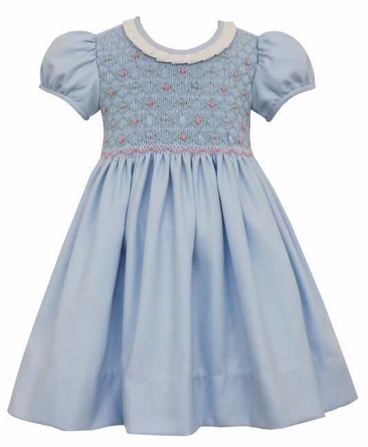 Anavini Girls Light Blue Dress - Ruffle Collar - Fully Smocked Bodice