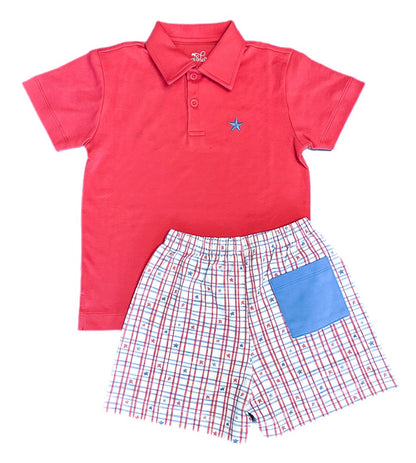 James & Lottie Boys Polo Shirt - Red with Light Blue Star