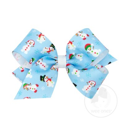 Wee Ones Girls Grosgrain Holiday Print Hair Bow - Blue Snowman