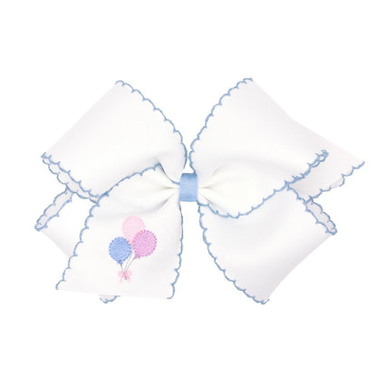 Wee Ones Girls Hair Bow on Clip - White with Blue Moonstitch - Birthday Balloons