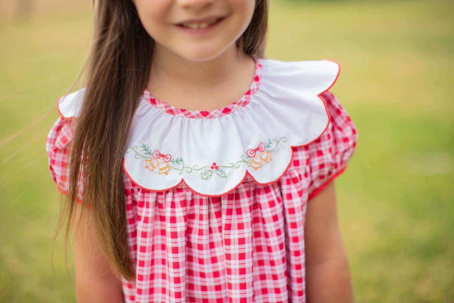 Proper Peony Girls Christmas Dress - Red Check Embroidered Golden Bells