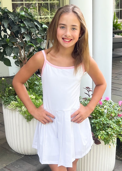 Be Elizabeth by James & Lottie Girls Pleated White Athleisure Tennis Dress - Piped in Pink