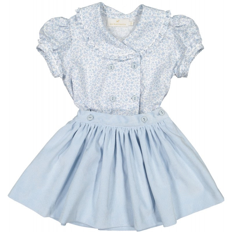 Sal & Pimenta Girls Corduroy Skirt Set - Snowflakes Floral - Blue