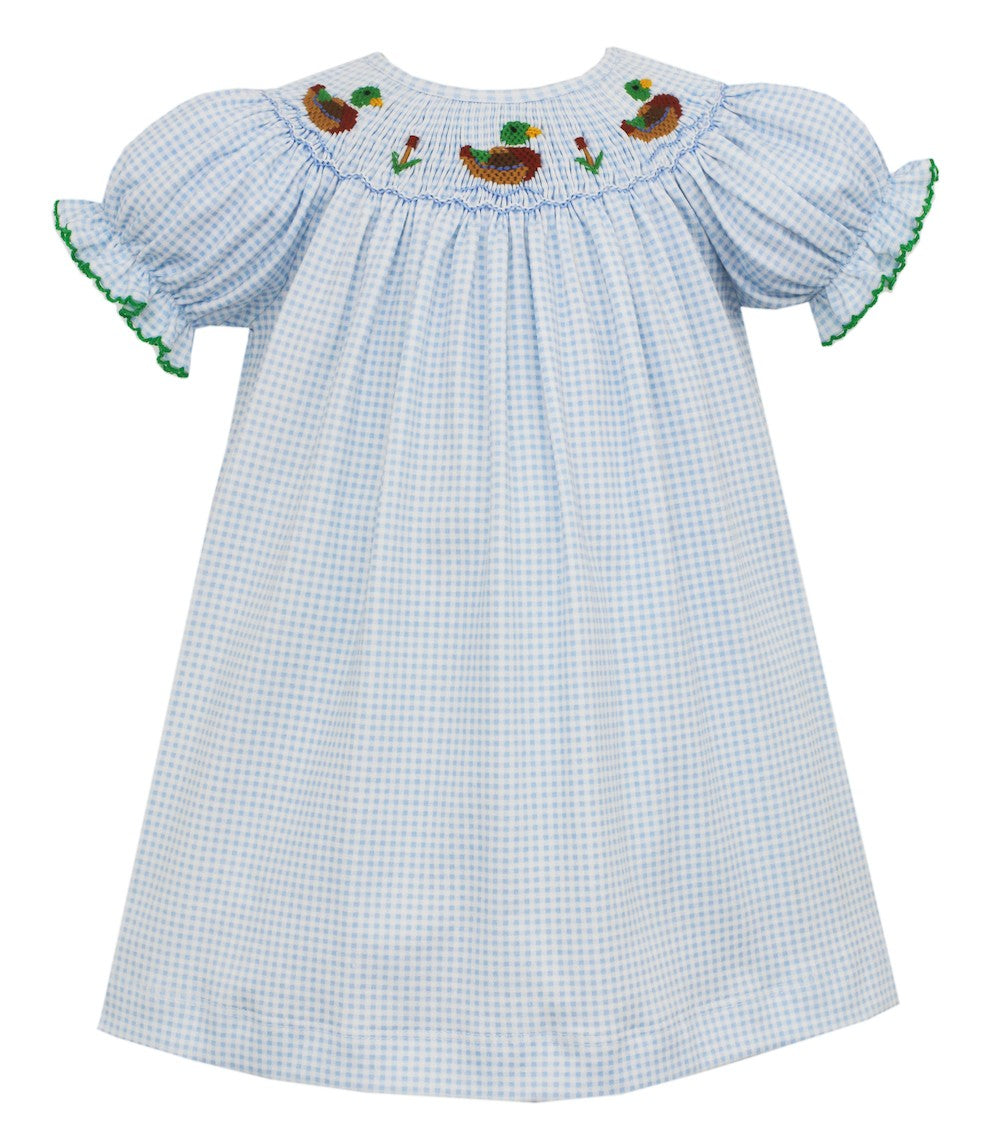 Petit Bebe Baby Girls Blue Check Knit Bishop Dress - Smocked Mallard Ducks