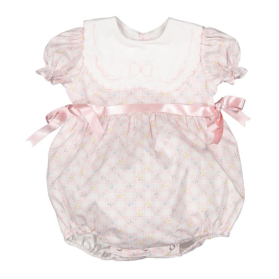 Sal & Pimenta Girls Bubble - Pink Positano - White Embroidered Collar - Pink Bows at Sides