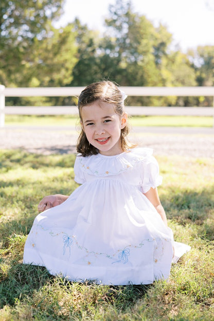 Proper Peony Girls Beatrice Bow Dress - White - Blue Bow Embroidery