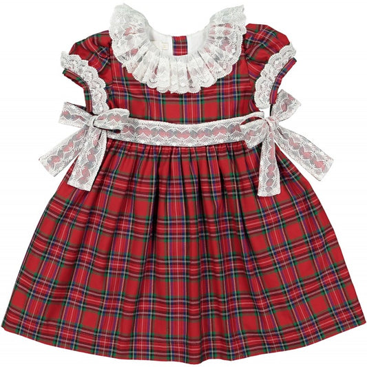 Sal & Pimenta Girls Red Noel Holiday Plaid Dress with Lace Details and Side Bows