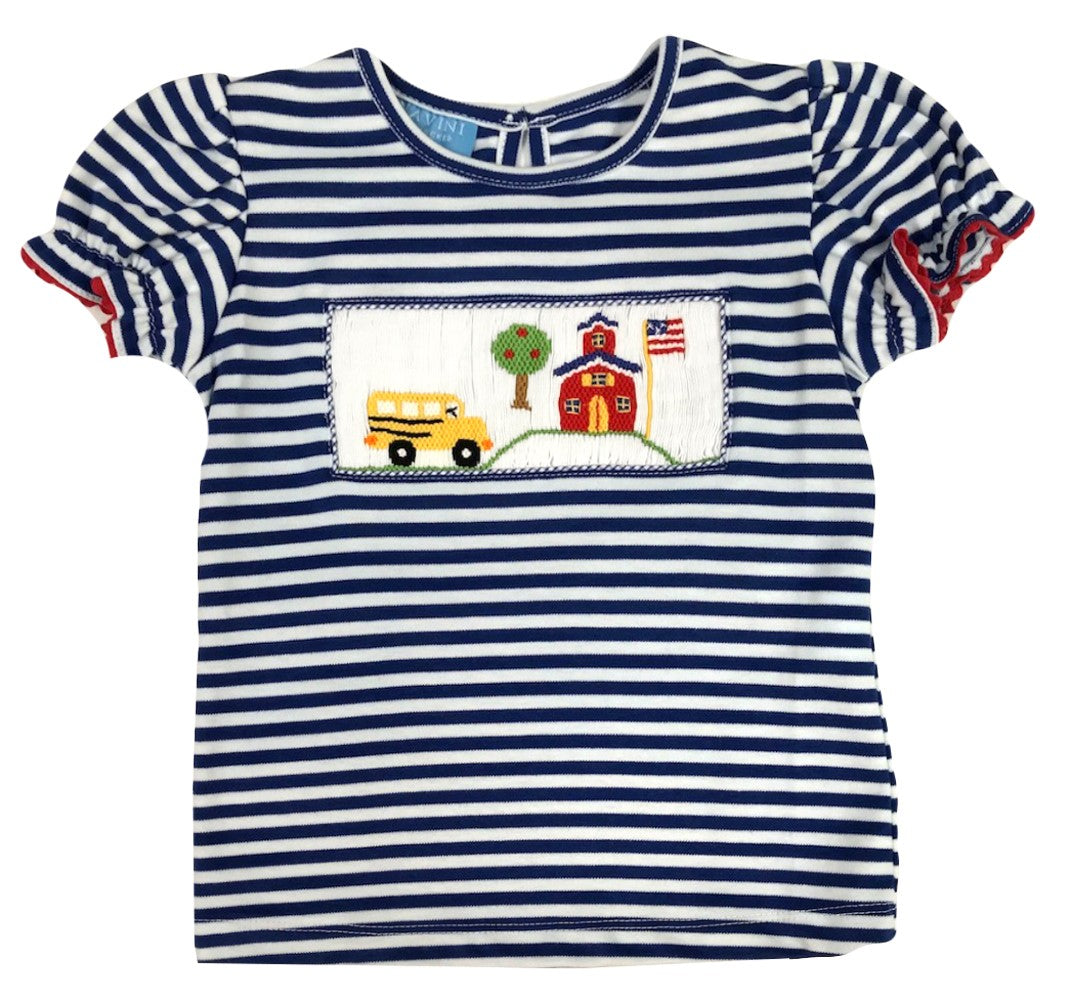 Anavini Girls Royal Blue Striped Smocked School Bus Top
