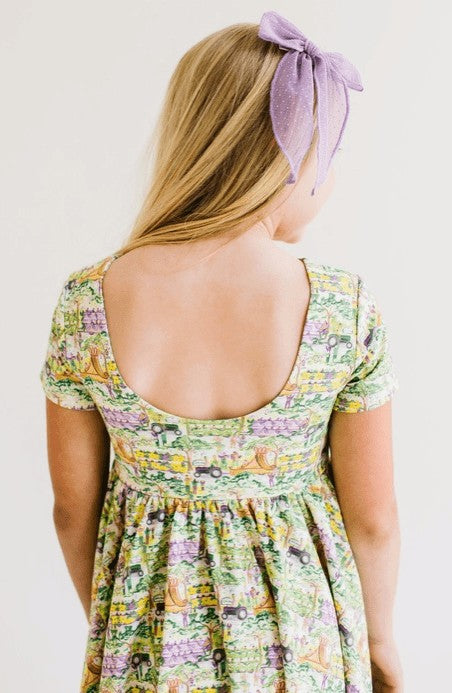 Ollie Jay Girls Classic Twirl Dress in Mardi Gras Print