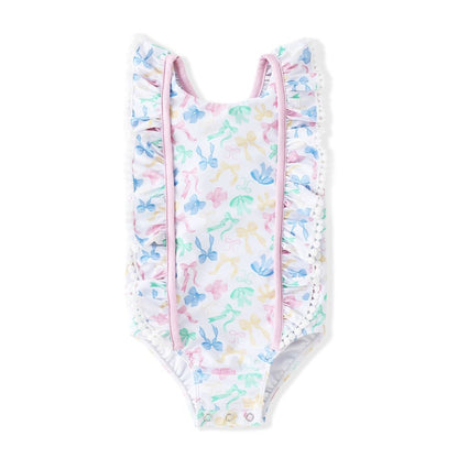 Swoon Baby Girls Pastel Bows Ruffle Swimsuit - Pink Bow on Back