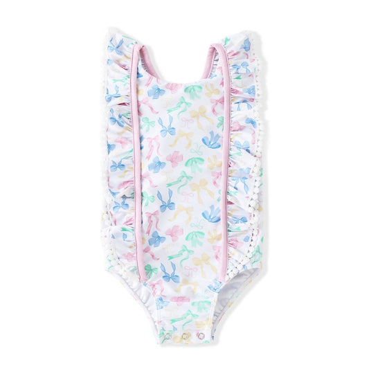 Swoon Baby Girls Pastel Bows Ruffle Swimsuit - Pink Bow on Back