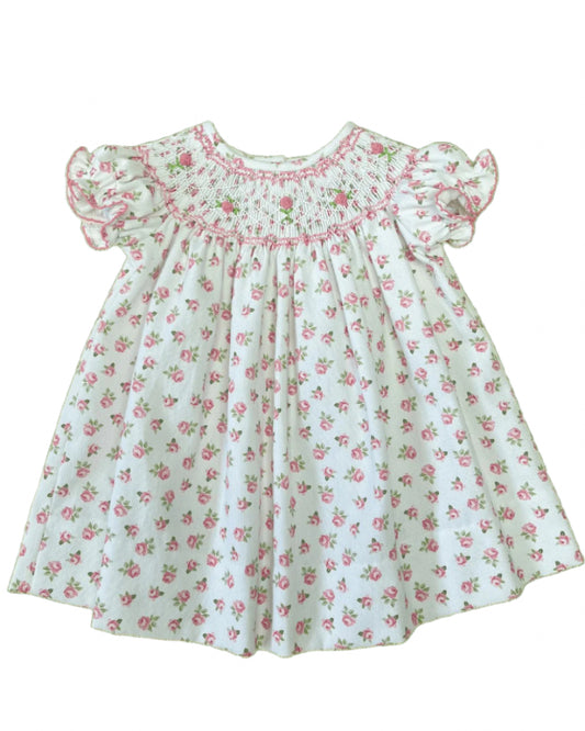 LuLu BeBe Girls Pink Roses Floral Smocked Bishop Dress