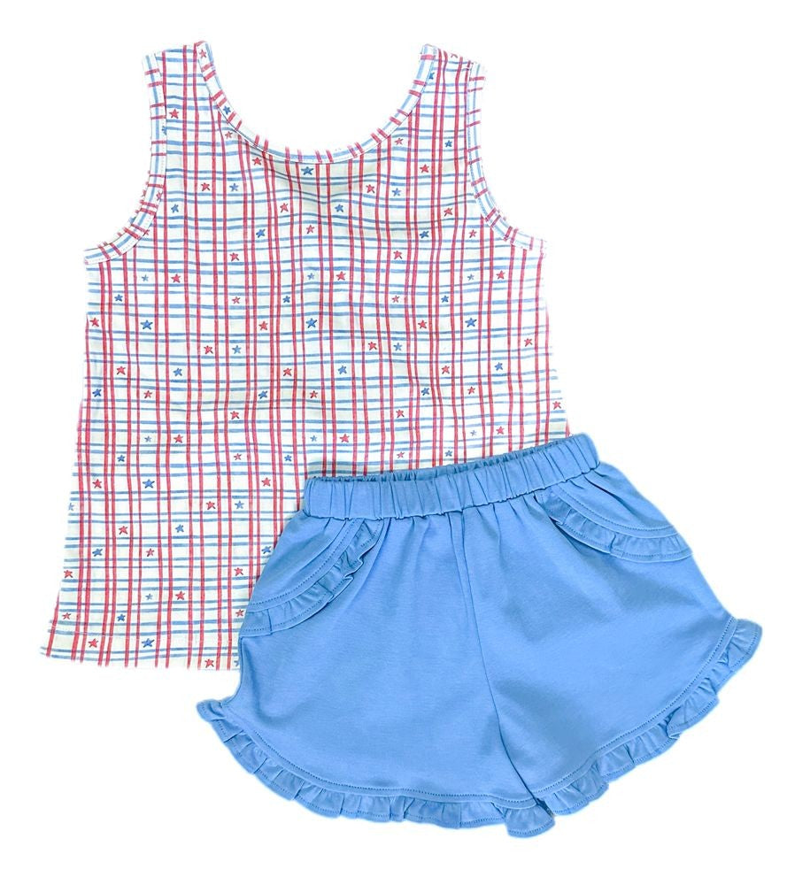 James & Lottie Girls Kinley Bow Shorts Set - Patriotic Stars Print