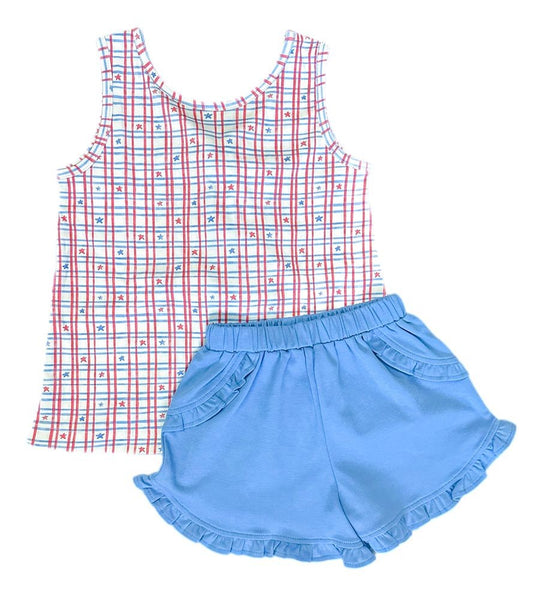 James & Lottie Girls Kinley Bow Shorts Set - Patriotic Stars Print