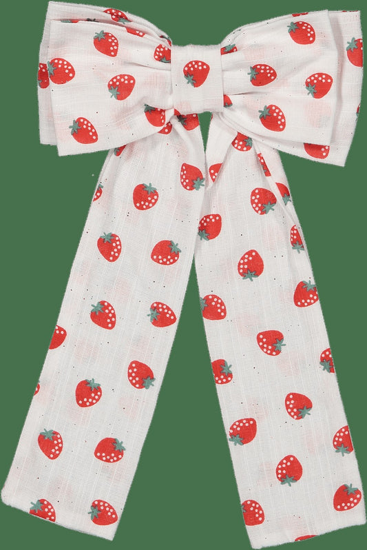 Sal & Pimenta Girls Hair Bow on Clip - Long Streamers - Red Strawberry Patch
