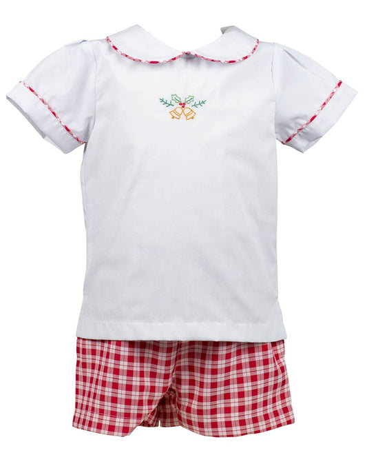 Proper Peony Toddler Boys Christmas Shorts Set - Red Check Embroidered Golden Bells