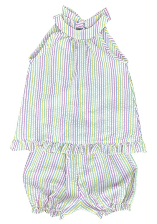 James & Lottie Girls Bloomers Set - Tally Tie Pastel Seersucker Stripes
