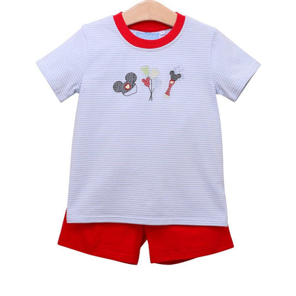 Trotter Street Kids Boys Blue Mouse Embroidery Shorts Set