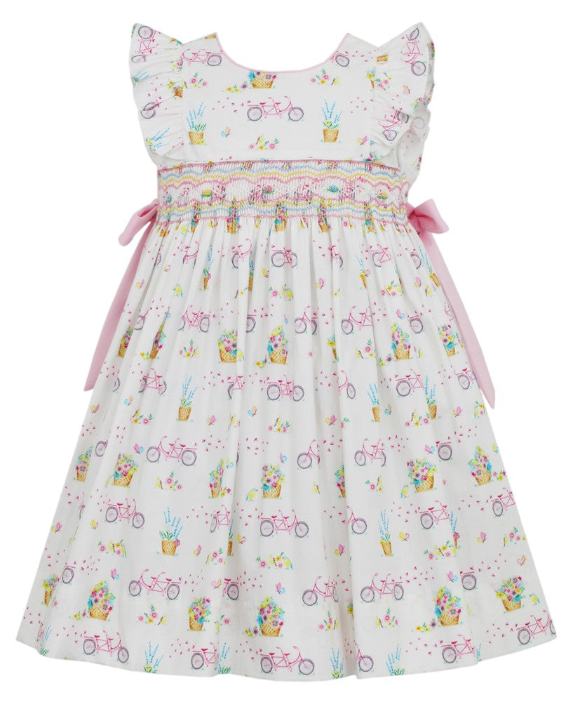 Anavini Girls Pink Bicycle Garden Smocked Dress with Side Bows