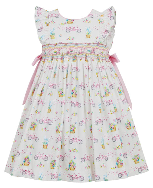 Anavini Girls Pink Bicycle Garden Smocked Dress with Side Bows