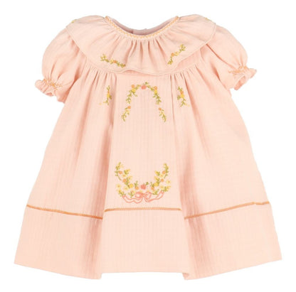 Sophie & Lucas Girls Pumpkin Embroidery Ruffle Dress - Peach