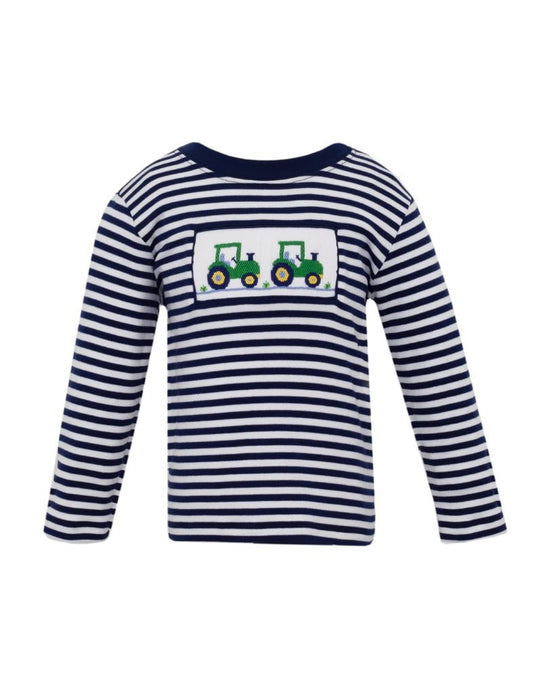 Anavini Velani Boys Navy Blue Striped Shirt - Smocked Green Tractors