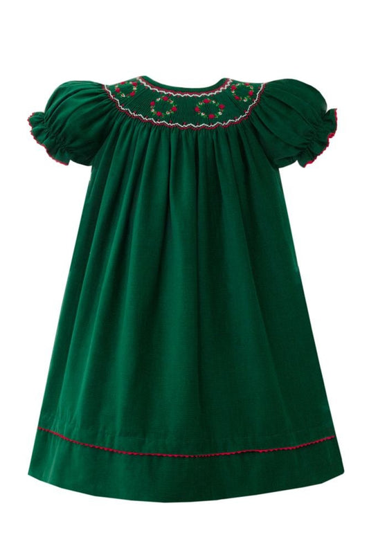 Anavini Couture Girls Green Corduroy Smocked Christmas Bishop Dress