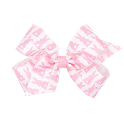 Wee Ones Girls Hair Bow - White with Light Pink Easter Bunny Print